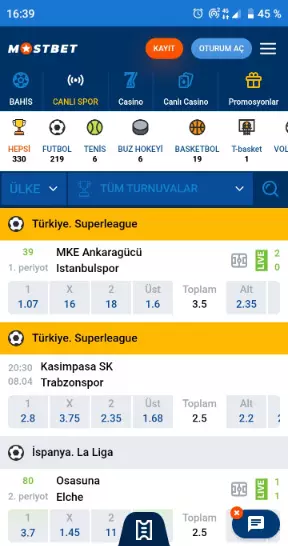 Mostbet mobil uygulamasında spor bahisleri
